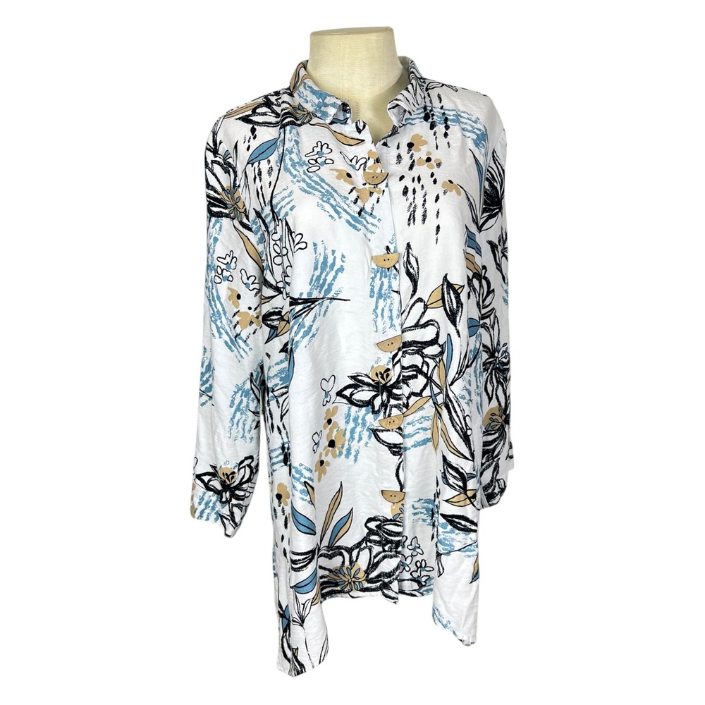 Ali Miles Womens‎ Floral Abstract Button Up Tunic Shirt White Blue Large